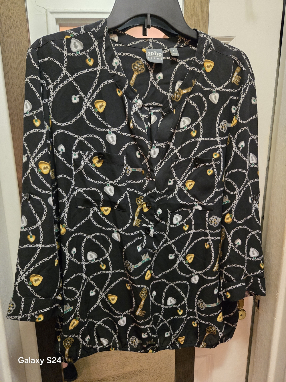 Soho Black Chain & Charm Print Blouse with Gold Accents